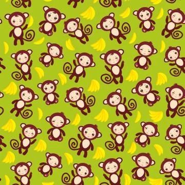 Seamless pattern with funny brown monkey, yellow bananas, boys and girls on Stock Illustration