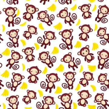 Seamless pattern with funny brown monkey, yellow bananas, boys and girls on Stock Illustration