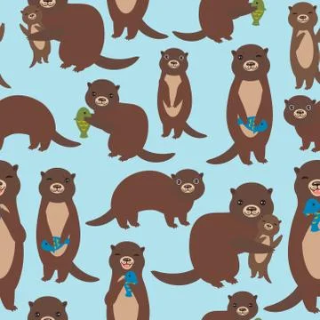 Seamless pattern Funny brown otters with fish on blue background. Kawaii anim Stock Illustration