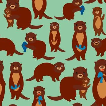 Seamless pattern Funny brown otters with fish on green background. Kawaii ani Stock Illustration