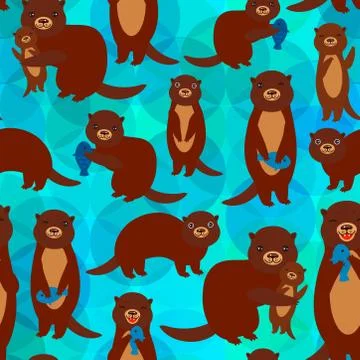Seamless pattern Funny brown otters with fish on blue background. Kawaii anim Stock Illustration
