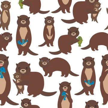 Seamless pattern Funny brown otters with fish isolated on white background. K Stock Illustration