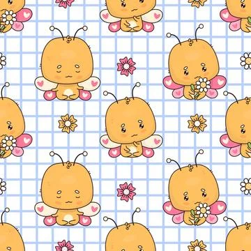 Seamless pattern with funny butterfly on checkered white background with fl.. 스톡 일러스트