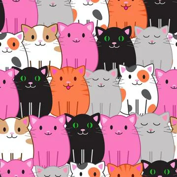 Seamless pattern with funny cartoon cats. Cute illustration in cartoon flat styl Stock-Illustration