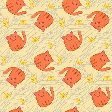 Seamless pattern with funny cartoon cats. Cute illustration in cartoon flat Stock Illustration