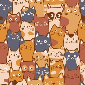 Seamless pattern with funny cartoon cats. Kitten pet group background Stock Illustration