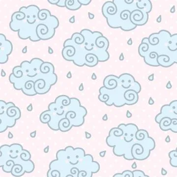 Seamless pattern with funny cartoon clouds on pink peas background 스톡 일러스트