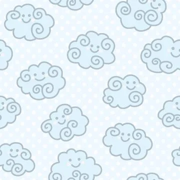 Seamless pattern with funny cartoon clouds on blue peas background. Seamle... Stock Photos