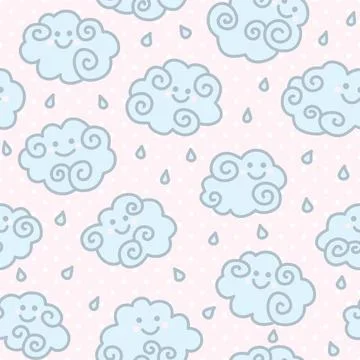 Seamless pattern with funny cartoon clouds on pink peas background. Seamle... Stock Photos