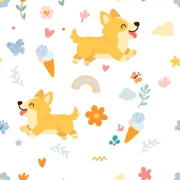 Seamless pattern with funny cartoon corgis dogs. Great for fabric, textile Il Stock Illustration