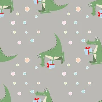 Seamless pattern funny cartoon crocodile with a gift. Illustrazione stock
