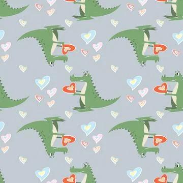 Seamless pattern funny cartoon crocodile with a heart Stock Illustration
