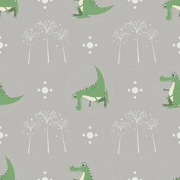 Seamless pattern funny cartoon crocodile palm trees on nature Illustrazione stock