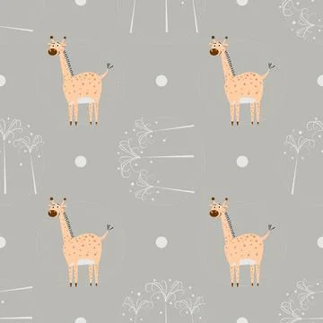 Seamless pattern funny cartoon giraffe with palm trees on nature Stock Illustration