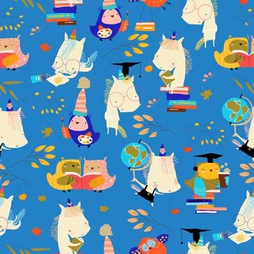 Seamless Pattern with Funny Cartoon Owls with Unicorns preparing Back to School Stock Illustration