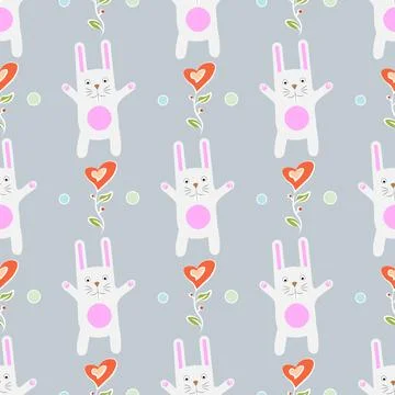 Seamless pattern Funny cartoon rabbit with heart-shaped flowers. Gentle print Stock Illustration