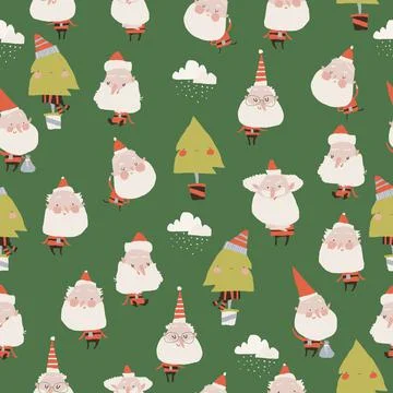 Seamless Pattern with Funny Cartoon Santa Clauses on Green Background Stock Illustration