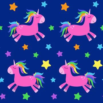 Seamless pattern with funny cartoon unicorn. Cute background. Magical and fairy  Stock Illustration