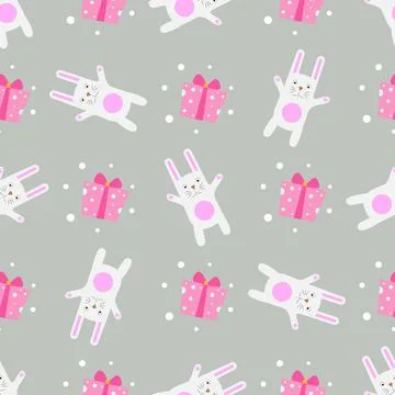 Seamless pattern Funny cartoon white rabbit with gift Stock Illustration
