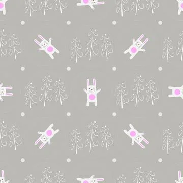 Seamless pattern funny cartoon white rabbit in the forest Stock Illustration