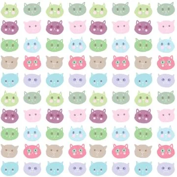 Seamless pattern funny cat face pink lilac blue green gray pastel colors isol Stock Illustration