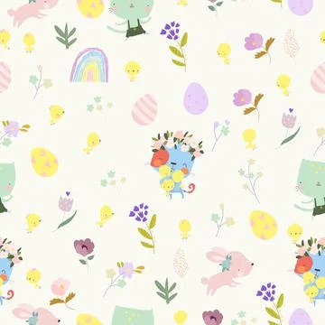 Seamless Pattern with Funny Cats and Easter Elements Stock Illustration