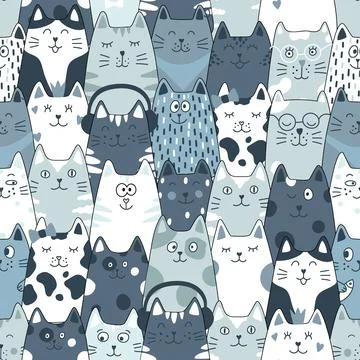 Seamless pattern with funny cats, cat food and fish on a white background. Stock Illustration