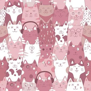 Seamless pattern with funny cats, cat food and fish on a white background. Stock Illustration