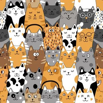 Seamless pattern with funny cats, cat food and fish on a white background. Stock Illustration