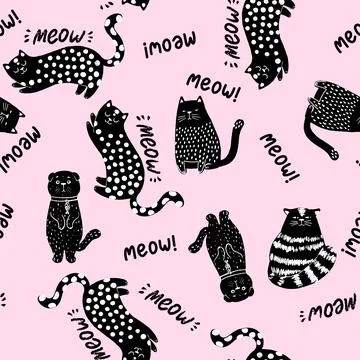 Seamless pattern with funny cats, cute doodle seamless background for kids and Stock Illustration
