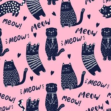 Seamless pattern with funny cats, cute doodle seamless background for kids and Stock Illustration