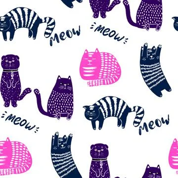 Seamless pattern with funny cats, cute doodle seamless background for kids and Illustration