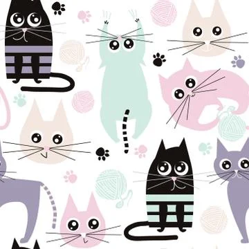 Seamless pattern with funny cats. Kids fabric texture. Vector Illustration Stock Illustration