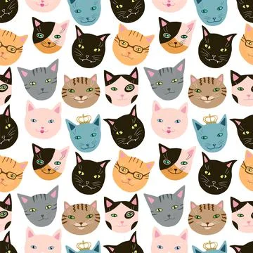 Seamless pattern with funny cats muzzles set. Hand drawn cute kittens head Illustrazione stock