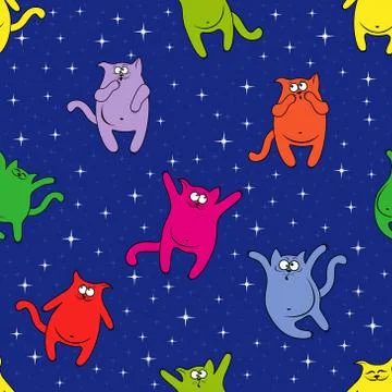 Seamless pattern with funny cats on starry sky Illustrazione stock
