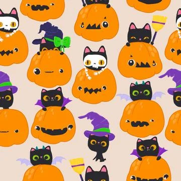 Seamless Pattern with Funny Cats wearing Halloween Costumes and sitting in Stock Illustration
