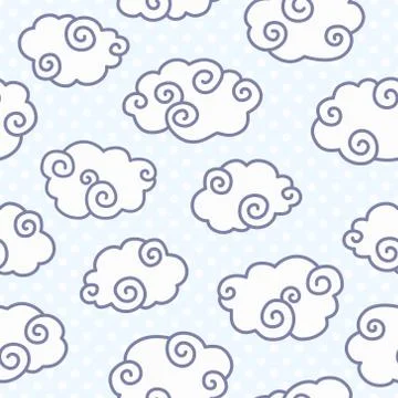 Seamless pattern with funny clouds on dotted light blue background 스톡 일러스트