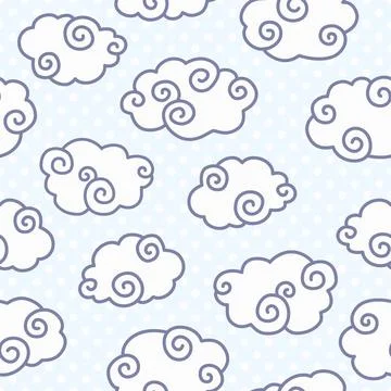 Seamless pattern with funny clouds on dotted light blue background. Seamle... Stock Photos