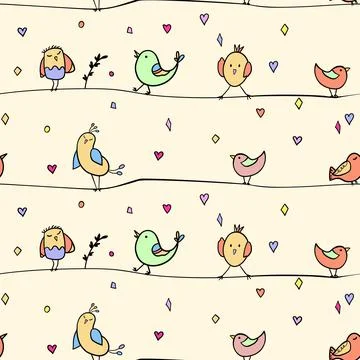 Seamless pattern with funny colorful birds sitting on wires. Color flat vector Illustrazione stock