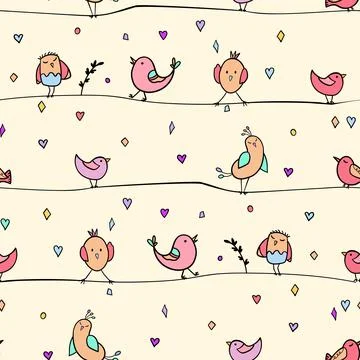 Seamless pattern with funny colorful birds sitting on wires. Color flat vector 库存插图