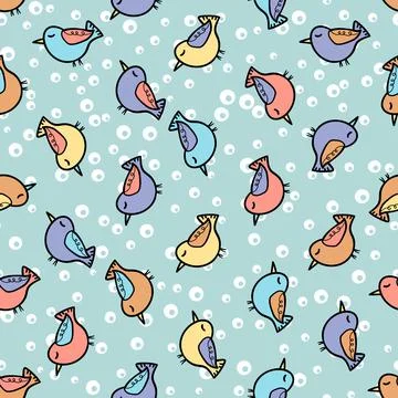 Seamless pattern with funny colorful birds. Color flat vector illustration with Illustrazione stock