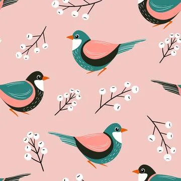 Seamless pattern with funny colorful birds, flowers, leaves and berries. Color Stock Illustration