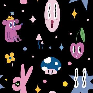Seamless pattern with funny comic cute characters and doodles: cherry, mush.. Illustrazione stock