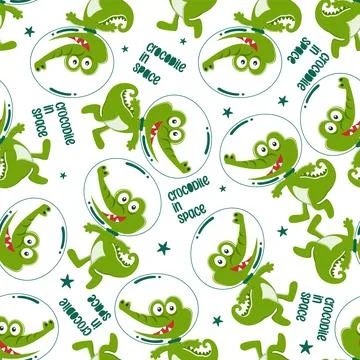 Seamless pattern of funny crocodile astronaut in space with cartoon style. Stock Illustration