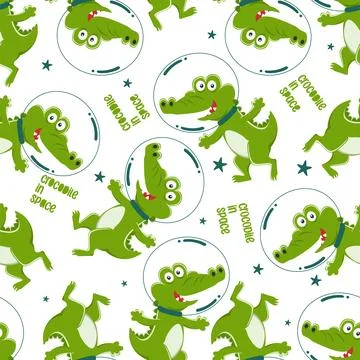 Seamless pattern of funny crocodile astronaut in space with cartoon style. Stock Illustration