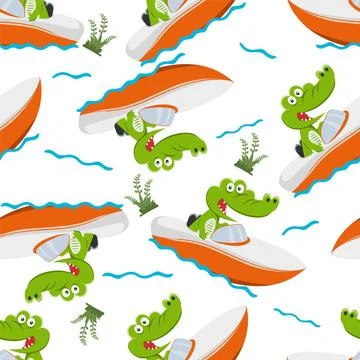 Seamless pattern of Funny crocodile cartoon vector on speed boat Illustrazione stock