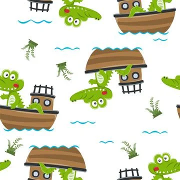 Seamless pattern of funny crocodile on little boat with cartoon style. Stock Illustration