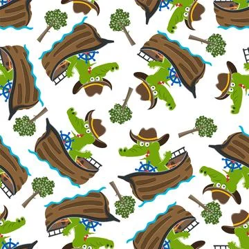 Seamless pattern of funny crocodile on little boat with cartoon style. Stock Illustration