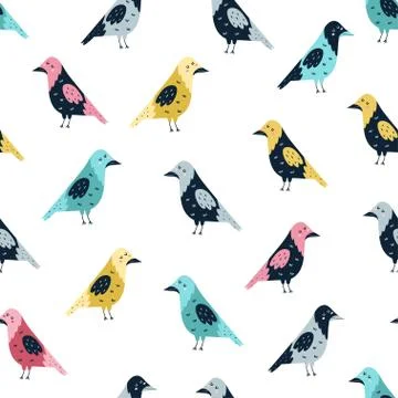 Seamless pattern with funny crows. Forest background with cute birds Stock Illustration