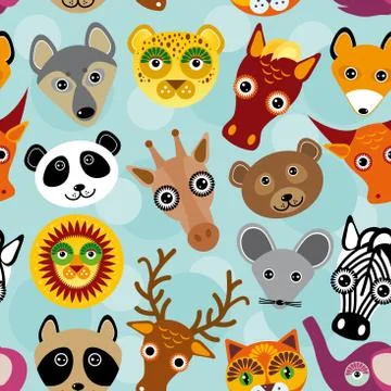 Seamless pattern with funny cute animal face on a blue background. vector Stock Illustration